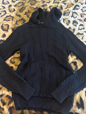 Women's Black Cable-Knit Turtleneck Sweater with Hood